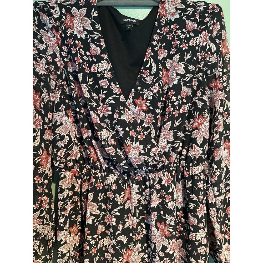 Express Womens M Black Floral Dress Sheer Lined Long Sleeve Boho Cottagecore Y2K - Picture 2 of 8
